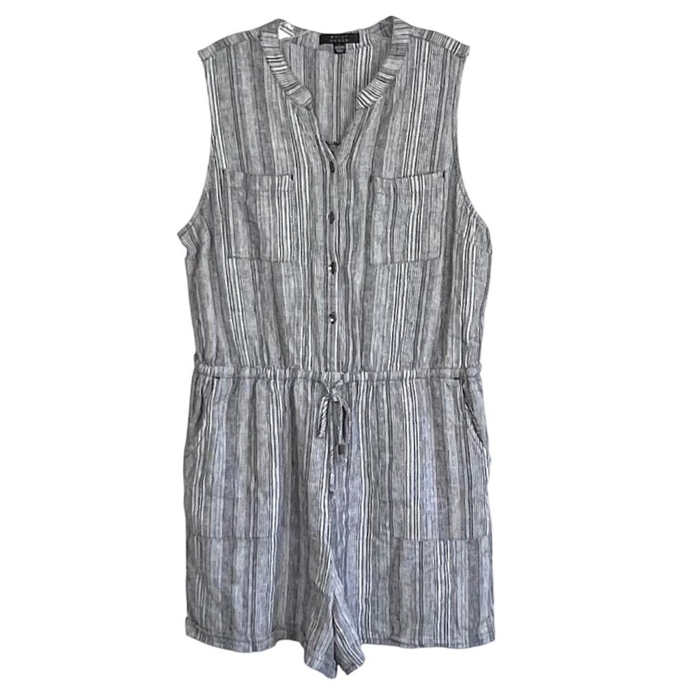 Kelly Renee Romper Drawstring Waist Size L Striped Sleeveless Linen-Blend EUC
